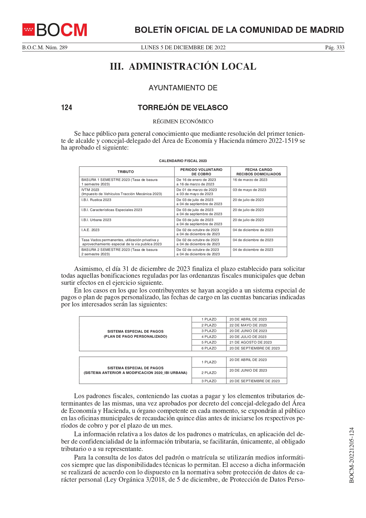 BOCM 05 12 2022 calendario fiscal TORREJON DE VELASCO 2023 page 0001
